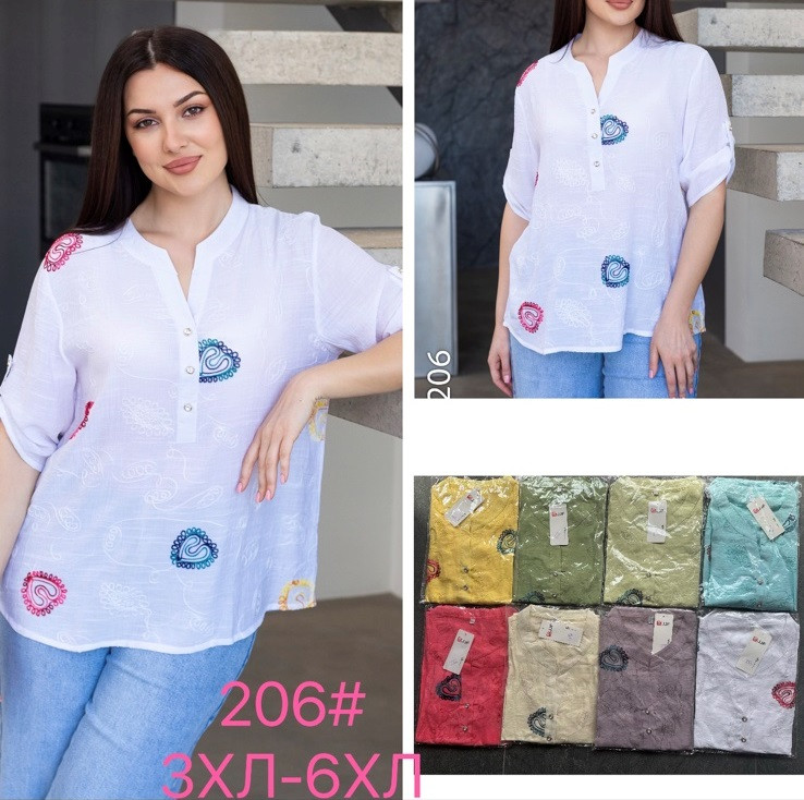 Сорочка жіноча, льон, м.206 (Розмір: 3XL–6XL), мікс кольорів, в упаковці 8 штук №342332 - Iris BG/PO 436