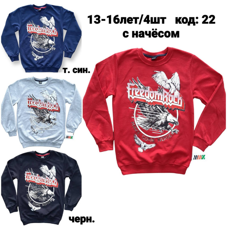 Батник дитячий "22" з начісом (р. 13-16 років) 4 кольори в упаковці 4 шт. №151325 - 