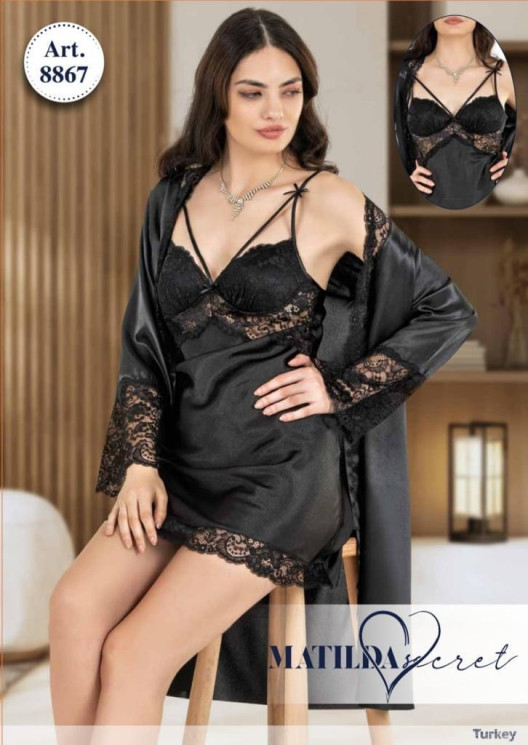 Комплект халат та сорочка з мереживом, атлас, м.8867 (р. M, L, XL, 2XL), в упаковці 4 штуки №330687 - Chiny 2598