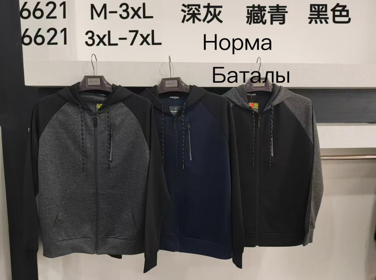 Худі чоловіче, еластик, м.6621 (Розмір: 3XL-7XL ), 3 кольори, в упаковці 5 шт. №332843 - 