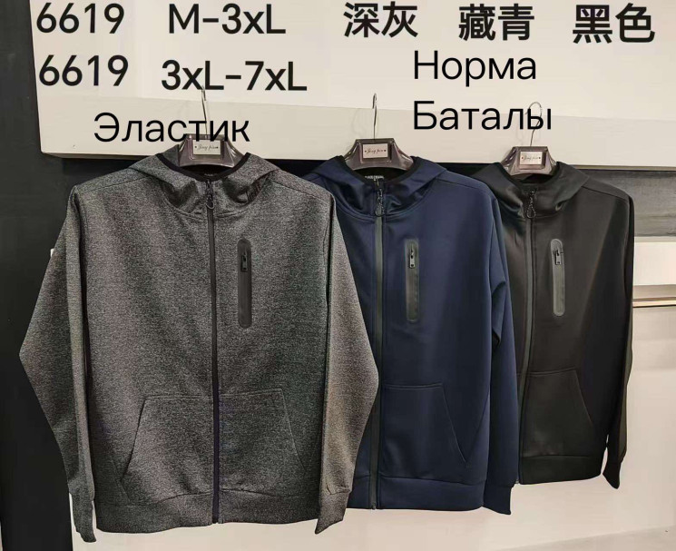 Худі чоловіче, еластик, м.6619 (Розмір: 3XL-7XL ), 3 кольори, в упаковці 5 шт. №332844 - 