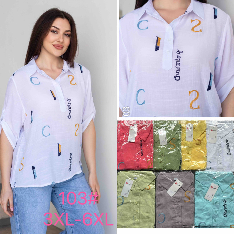 Блузка жіноча з вишивкой льон , м.103, (Розмір: 3XL-6XL), 7 кольорів, в упаковці 4 штуки, №751814 -  Coolme WE3111