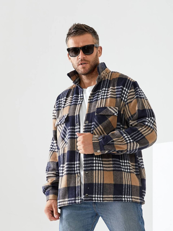 Куртка - сорочка чоловіча в клітинку в стилі CASUAL, кашемір + підклад штучне м'яке хутро плюш SHERPA м. 305 (р: L, XL, XXL) №819551 - 