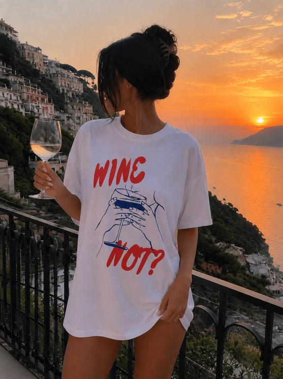 Футболка жіноча оверсайз з принтом "Wine not", бавовна м. 114 (р. єдиний) №415695 - MinimalBrand RN4956 мод. 114