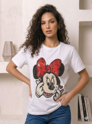 Футболка жіноча з яскравим принтом Mickey, якісний кулір + принт з паєтками м. 2762-2 (р: універсал oversize) №823880