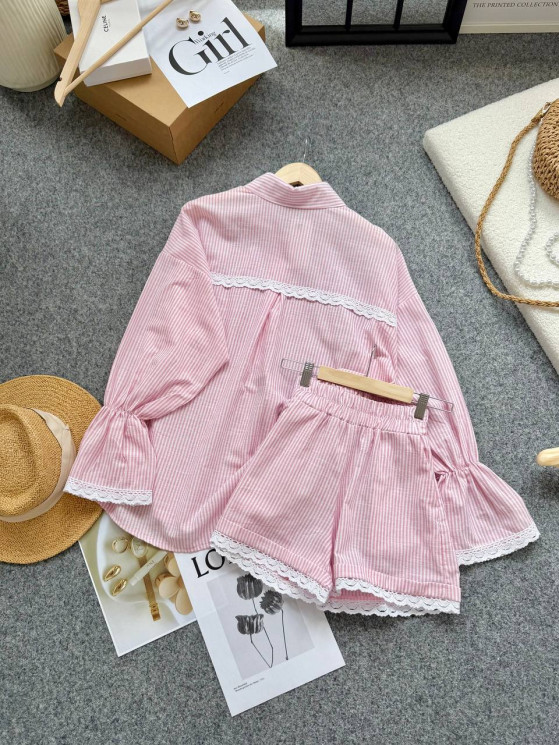 Костюм жіночий з мереживом (сорочка + шорти), льон смужка м. 450 (р: 42-44, 46-48) №829471 - 