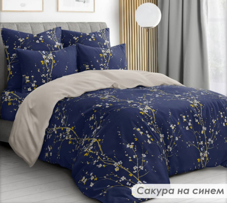 Комплект постільної білизни, бавовна, м. Сакура на синем (р: полуторний)  №323812 - Palma RZ3641