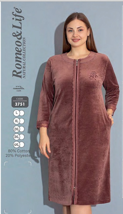 Халат жіночий, велюр на котоновій основі, м.3751 (Розмір: L-4XL), в упаковці 5 штук №321386 - RomeoLife SE544