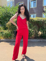 Костюм жіночий з майкою на тонких бретелях, льон-жатка м. 110 (р. S, M, L) червоний №414423
