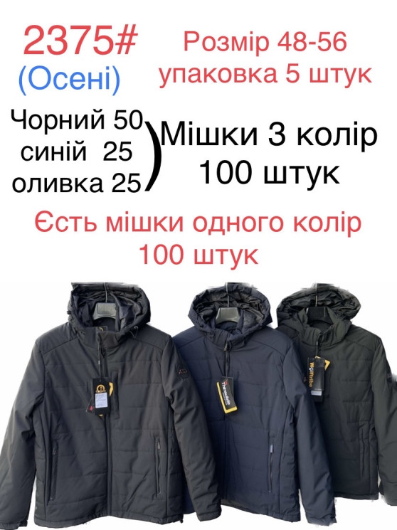 Куртка демісезонна чоловіча, плащівка, холофайбер, м.2375 (р. 48-56 ), 3 кольори, в упаковці 5 шт. №324304 - 