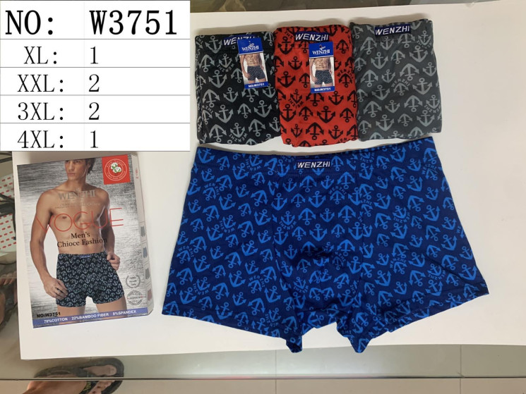 Труси чоловічі, котон, м.W3751 (розмір: XL-4XL), мікс кольорів, в упаковці 24 шт. №324279 - Chiny 2598
