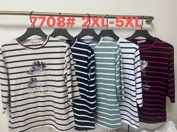 Футболка жіноча, трикотаж, м.7708 (р. 2XL-5XL ), мікс кольорів, в упаковці 8 штук №324440 - Iris BG/PO436