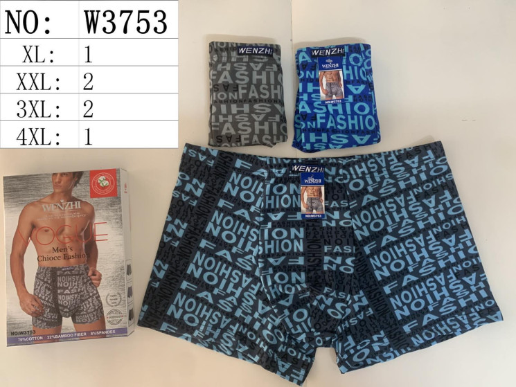 Труси чоловічі, котон, м.W3753 (розмір: XL-4XL), мікс кольорів, в упаковці 24 шт. №324281 - Chiny 2598