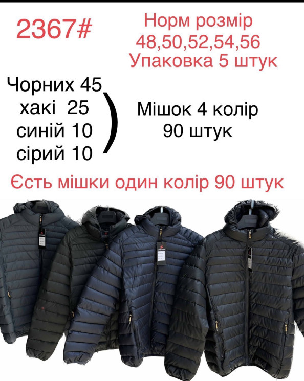 Куртка демісезонна чоловіча, плащівка, холофайбер, м.2367 (р. 48-56 ), 3 кольори, в упаковці 5 шт. №324308 - 