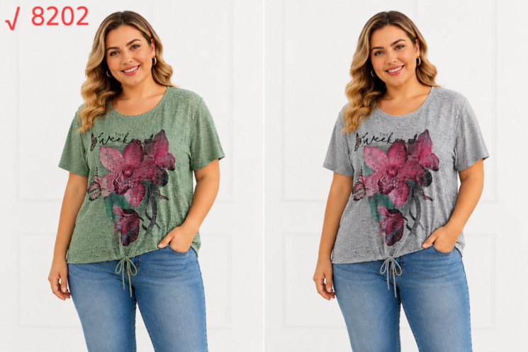 Футболка жіноча, трикотаж, м.8202 (р. 2XL-5XL ), 2 кольори, в упаковці 4 штуки №345644 - 