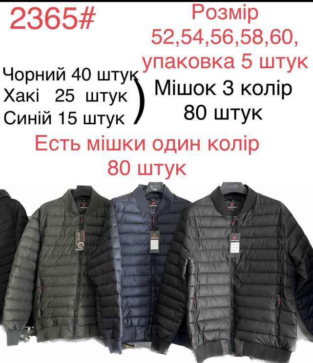 Куртка демісезонна чоловіча, плащівка, холофайбер, м.2365 (р. 52-60 ), 3 кольори, в упаковці 5 шт. №324309 - 